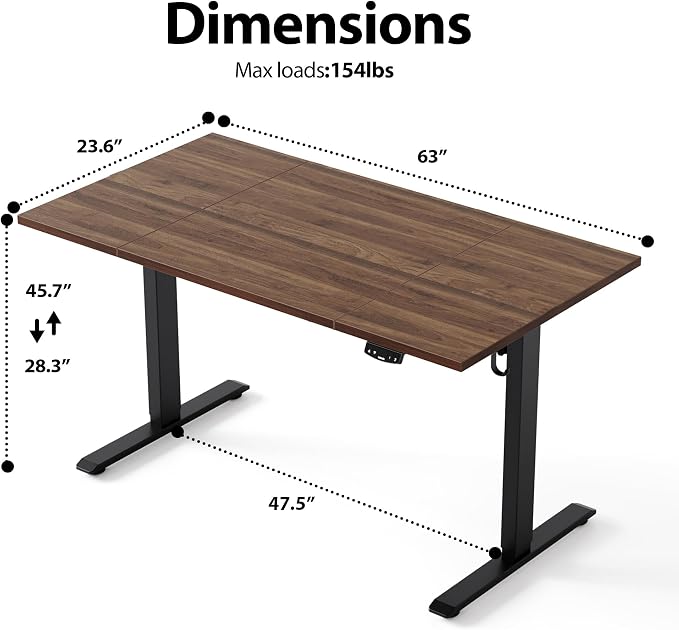 Agilestic Electric Standing Desk, 63 x 23.6 Inches Height Adjustable Desk, Sit Stand up Desk for Work Office Home, Splice Board, Dark Walnut