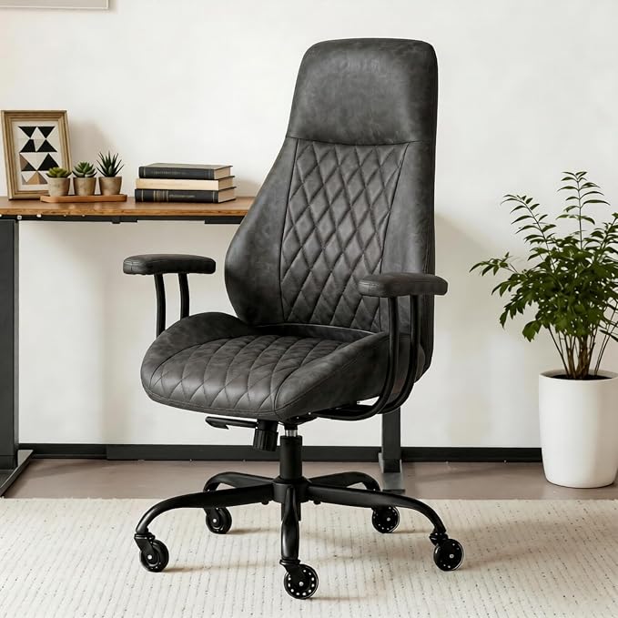 Office Chair with Rubber Wheels, Ergonomic Computer Chair 500 lbs, Leather Desk Chair with Lumbar Support, Executive Chair Adjustable Height & Recline, Dark Grey | Ergonomic, Lumbar Support, 360° Swivel & Rolling Wheels, Adjustable Height, for Adults &...