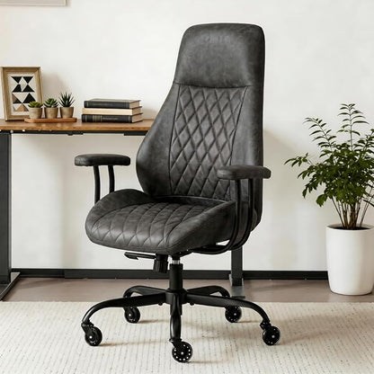 Office Chair with Rubber Wheels, Ergonomic Computer Chair 500 lbs, Leather Desk Chair with Lumbar Support, Executive Chair Adjustable Height & Recline, Dark Grey | Ergonomic, Lumbar Support, 360° Swivel & Rolling Wheels, Adjustable Height, for Adults &...