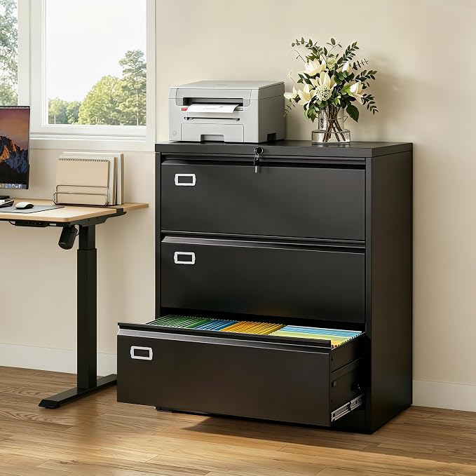 DEVAISE 3 Drawer Metal File Cabinet, Wide Lateral Filing Cabinet with Lock for Home Office Organization Hanging Files Letter/Legal/F4/A4 Size (Black, Assembly Required)