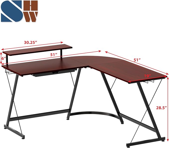 SHW 51 x 51 Inches Vista L-Shaped Desk with Monitor Stand and Drawer, Cherry