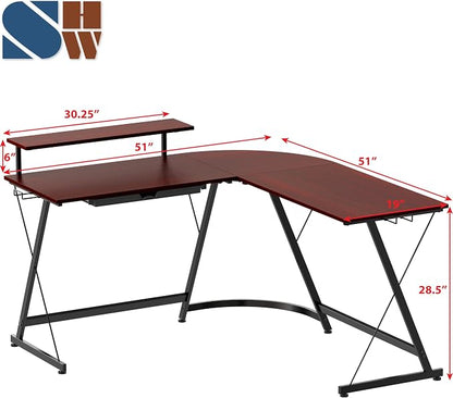SHW 51 x 51 Inches Vista L-Shaped Desk with Monitor Stand and Drawer, Cherry