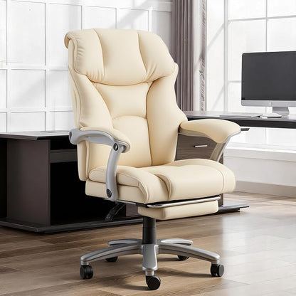 HOMREST Big and Tall Heavy Duty Office Chair 550LBS, Ergonomic Leather Executive Chair with 155° Recline, Large Back Pocket &Footrest, Computer Desk Chair for Heavy People, Beige