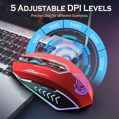 UHURU Gaming Mouse, Wireless Gaming Mouse with 7 Buttons 7 Changeable LED Color up to 12000 DPI, Rechargeable USB Gamer Mouse for PC Laptop (Red)