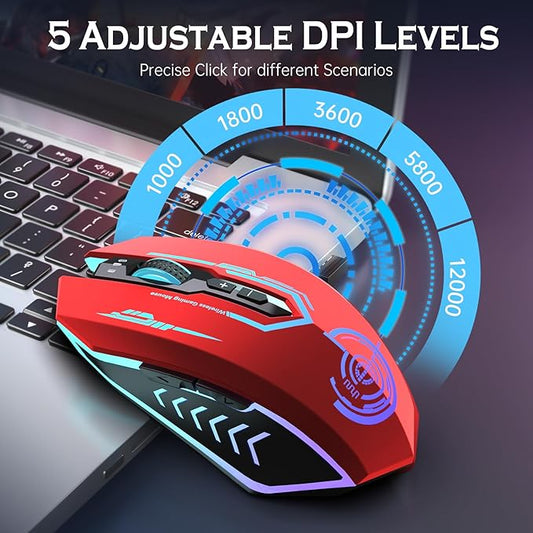 UHURU Gaming Mouse, Wireless Gaming Mouse with 7 Buttons 7 Changeable LED Color up to 12000 DPI, Rechargeable USB Gamer Mouse for PC Laptop (Red)