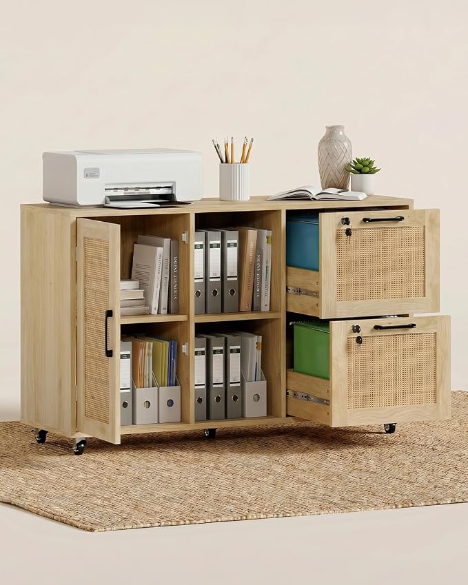 Lateral File Cabinets for Home Office, 2 Drawer and Doors Filing Cabinet with Lock, Wide Rattan Filing Organization Storage Cabinets with Printer Stand for Hanging Files/A4/F4 Size, Natural Wood