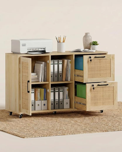 Lateral File Cabinets for Home Office, 2 Drawer and Doors Filing Cabinet with Lock, Wide Rattan Filing Organization Storage Cabinets with Printer Stand for Hanging Files/A4/F4 Size, Natural Wood