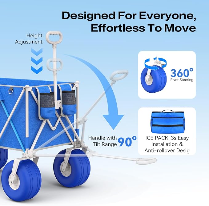 Premium 10.5" Balloon Wheels Beach Wagon - 450LBS Heavy Duty Sand Wagon, Foldable All Terrain Collapsible Utility Wagon with Removable Cooler Bag, Easy Roll for Soft Sand Family Camping - Blue