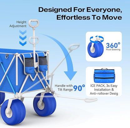Premium 10.5" Balloon Wheels Beach Wagon - 450LBS Heavy Duty Sand Wagon, Foldable All Terrain Collapsible Utility Wagon with Removable Cooler Bag, Easy Roll for Soft Sand Family Camping - Blue