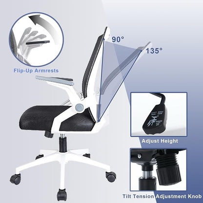 Ergonomic Office Chair with Flip-Up Arms, Small Desk Chair with Breathable Mesh Back, Home Office Desk Chair that Saves Space, Compact Swivel Computer Chair