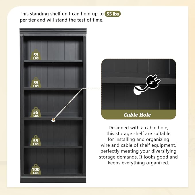 83" Tall Bookcase Suite with light strip, 5-Tier Wood Home Decor Bookcase Suite with Adjustable Shelves, Storage Organizer, Free Standing Storage Shelves Suite for Living Room,Home Office, Black