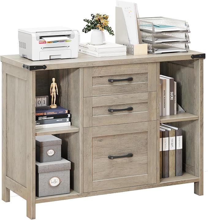 Halitaa 3 Drawer File Cabinet, Farmhouse Lateral Filing Cabinet Fits File Letter or A4 Size, Wooden Printer Stand with Open Storage Adjustable Shelf for Home Office, Grey