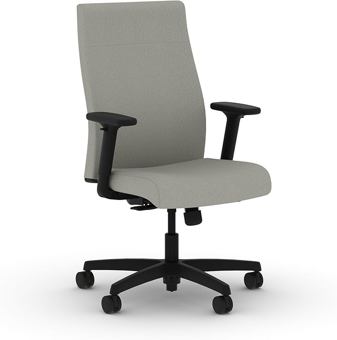 HON Ignition 2.0 Ergonomic Office Chair with Adjustable Arms, Standard Synchro‑Tilt Recline, Upholstered Desk and Computer Chair for Home Office or Workstation, Black Frame, Fog