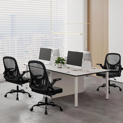CLATINA Office Chair with Wheels, Ergonomic Flip Up Arms Mesh Back Desk Chairs with Lumbar Support, PU Leather Seat Adjustable Height Swivel Rolling Computer Task Chair for Study Home School, Black