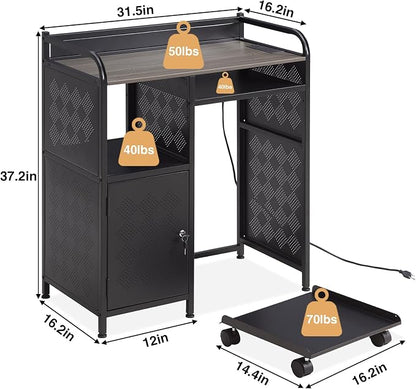 Lauren&Harold Large Printer Stand with Storage, Printer Cabinet with Paper Shredder Stand & PC Tower Stand with Wheels, Printer Table with Socket and USB Charging Port for Home Office