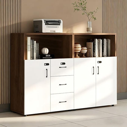 File Cabinet with Password Lock, Wood Lateral Filing Cabinet for Letter/A4 Files, 3 Drawer with Door, Printer Stand with Open Shelves for Home Office