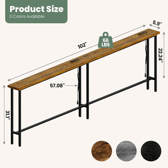 GRLEAF 102" Sofa Table with Built-in Power Strip (4 AC Outlets & 4 USB Ports) – 4.9ft Power Cord, Metal Frame, Easy Assembly, Long Couch Table Behind Sofa, Living Room and Home Office | Rustic Brown
