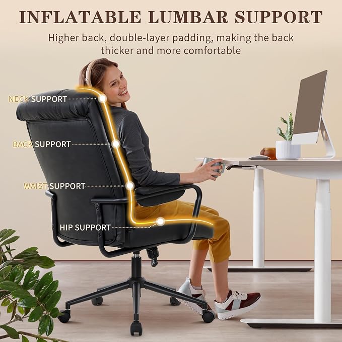 IWMH Home Office Desk Chair, Comfy Ergonomic Mid Century Modern Faux Leather Fabric Office Chair with Lumbar Support, Adjustable Height High-Back Swivel Computer Chairs, (Black)