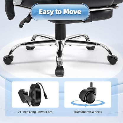 Massage Office Chair with Foot Rest - Ergonomic Executive Chair, High Back Reclining Leather Desk Chair with 135° Recline, 400 LBS, 6-Point Vibration and Heat, Classic
