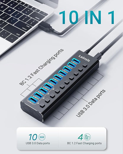Powered USB Hub 3.0, Leinsis 10-Port USB 3.0 Hub [Durable Aluminum] 10 Data Transfer Ports+ 4 Smart Charging Ports with Individual On/Off Switches, USB Hub 3.0 Powered with Power Adapter for Laptop PC