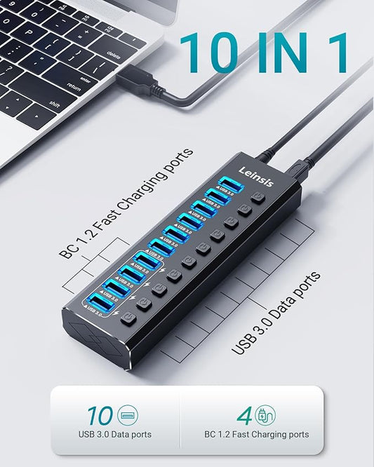 Powered USB Hub 3.0, Leinsis 10-Port USB 3.0 Hub [Durable Aluminum] 10 Data Transfer Ports+ 4 Smart Charging Ports with Individual On/Off Switches, USB Hub 3.0 Powered with Power Adapter for Laptop PC