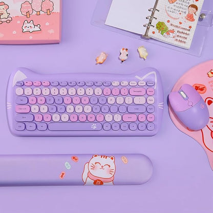 Cute Cat 2.4G USB Wireless Keyboard and Mouse Combo, Silent Keys, Candy Colors, Compatible with Notebook, PC (Purple-84Keys)
