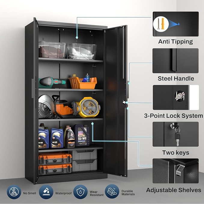 Tall Steel Garage Storage Cabinet with Lock - 72" H Heavy Duty Metal Storage Locker with 4 Adjustable Shelves for Home, Office, Black