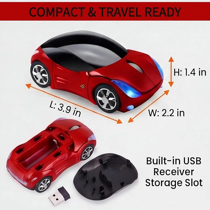 Red Wireless Car Mouse, 2.4G with USB Receiver, 1600DPI Optical, Cute Mini Computer Mouse, for Laptop, PC, Tablet, Windows, Mac OS