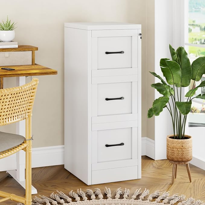 Small Metal 3-Drawer File Cabinet, Under-Desk Filing Cabinet, White | Locking, Adjustable Hanging Rail, Fit A4, FC, Letter, Hanging File Folders for Home Office Storage Organization, 1PS