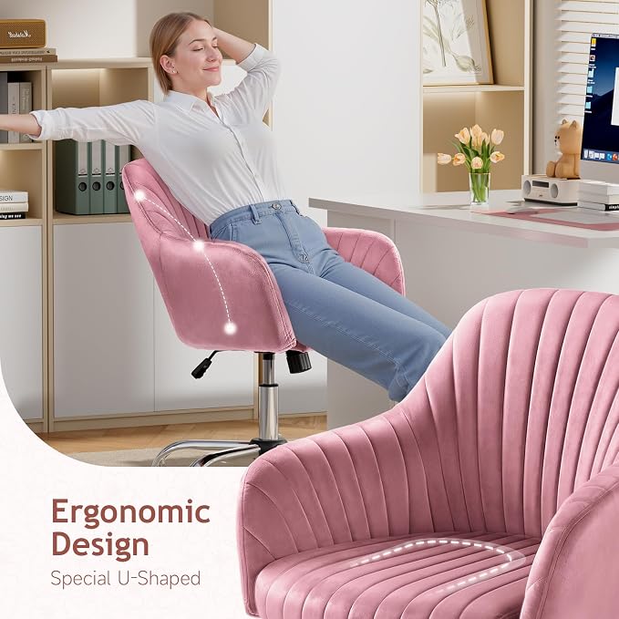 Warmiehomy Vanity Chair, Velvet Office Chair, Desk Chair for Home Office, Comfy Task Chair with Arm Rest for Reading Makeup, Dusty Rose