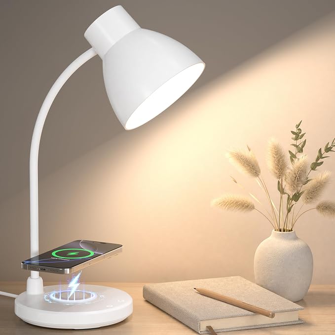Desk Lamp for Home Office - LED Desk Lamp with Wireless Charger, 3 Color Modes Dimmable Eye-Caring Study Reading Desk Light, Small Flexible Arm Table Lamp for College Dorm Room Bedside, White