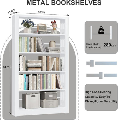 VASAAOSD White Bookshelf, 5 Tier Tall Bookshelf, Metal Bookshelves and Bookcases with Adjustable Shelves, Large Bookshelf Open Display Shelves with for Study, Office, Corner (69" H)
