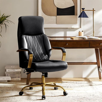 HULALA HOME Executive Office Chair with Adjustable Lumbar Support, Leather Ergonomic Office Chair with Padded Armrests, Tilt and High Back, White and Gold, Black