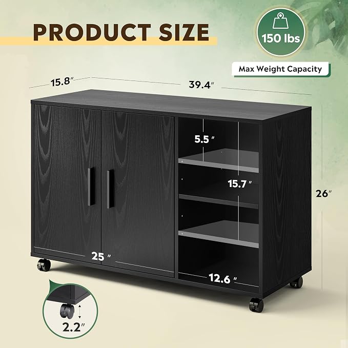DEVAISE Office Storage Cabinet with Doors and Shelves, Lateral Printer Stand for Office Supplies and File Storage, Filing Cabinet for Home Office, Black