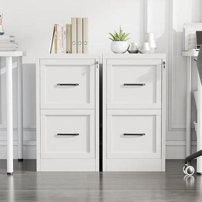 Small Metal 2-Drawer File Cabinet, Under-Desk Filing Cabinet, White | Locking, Adjustable Hanging Rail, Fit A4, FC, Letter, Hanging File Folders for Home Office Storage Organization, 2PS