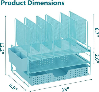 LEKETREE Teal Desk Organizer, Office Organization with Vertical File Holder, File Organizer with Drawer and Pen Holder, Desk Accessories and Workspace Organizers for Home Office (Sky Blue)