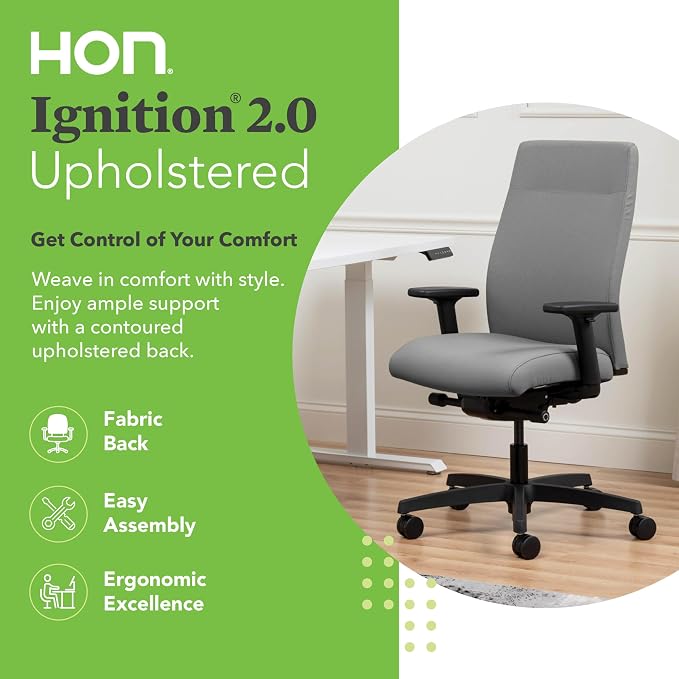 HON Ignition 2.0 Ergonomic Office Chair with Adjustable Arms, Advanced Synchro‑Tilt Recline, Upholstered Desk and Computer Chair for Home Office or Workstation, Black Frame, Frost