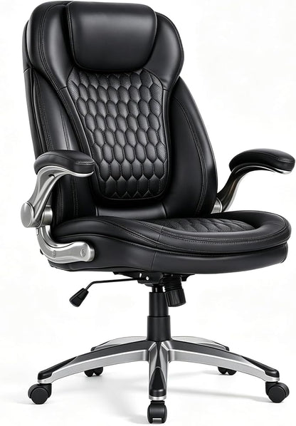 COLAMY Executive Office Chair, Bonded Leather Desk Chair with Flip-Up Arms, Lumbar Support, Ergonomic Tilt & Tension Control for Home Office