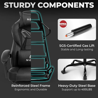 N-GEN GAMING Gaming Chair Big and Tall Computer Heavy Duty Office Desk Chair with Footrest Ergonomic Lumbar Support High Back Recliner for Adults (Dark Black)