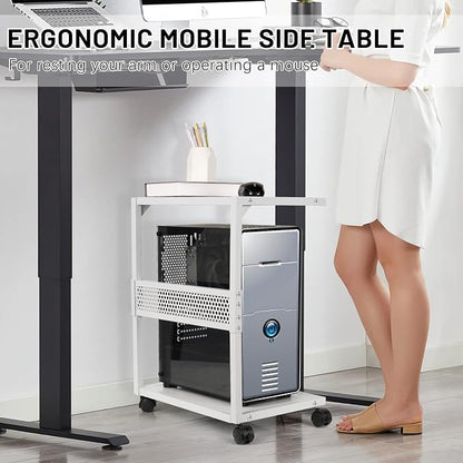 Bfttlity PC Stand Computer Tower Stand 2-Tier Metal CPU Holder with Locking Caster Wheels Suitable for Most PC (S, White)
