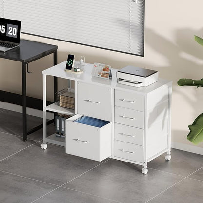Maihail 6 Drawer File Cabinet with Charging Station Rolling Printer Stand with Open Storage Shelf Fabric Lateral Filing Cabinet for Home Office,White