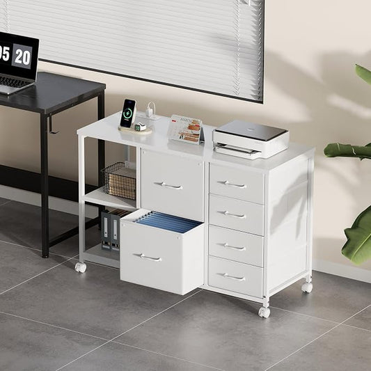 Maihail 6 Drawer File Cabinet with Charging Station Rolling Printer Stand with Open Storage Shelf Fabric Lateral Filing Cabinet for Home Office,White