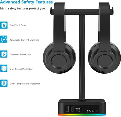 KAFRI RGB Dual Headphone Stand with USB C Charger Desk Gaming Double Headset Holder Hanger Rack with 3 USB Charging Port and 2 Outlet - Suitable for Gamer Desktop Table Game Earphone Accessories Gift