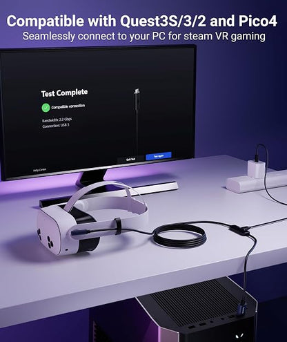 Syntech VR Link Cable 5M/16FT with USB 3.0 A to C Adapter, Charging & Data Transfer, Compatible with Meta Quest 3S/3/2/Pro, Pico 4, Steam VR Gaming, High Speed VR Cable (Black)