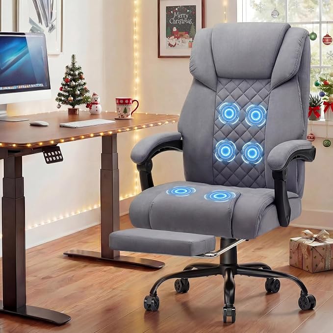 HOFFREE 400lbs Massage Office Chair with Foot Rest 6 Points Vibration Ergonomic Executive Office Chair Reclining High Back Computer Desk Chairs Grey Fabric