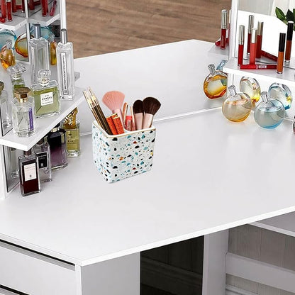 Pen Holder for Desk,Ceramic 2 Compartments Gold Terrazzo Marble Pencil Holder for Women Desk Organizer Storage Desktop Accessory Office School Home Pen Cup Blue