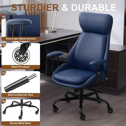 E-Motie Office Chair, Leather Desk Chair with Rubber Wheels, Ergonomic Computer Chair 500 LBS with Lumbar Support, High Back Executive Chair for Modern Home Office, Blue