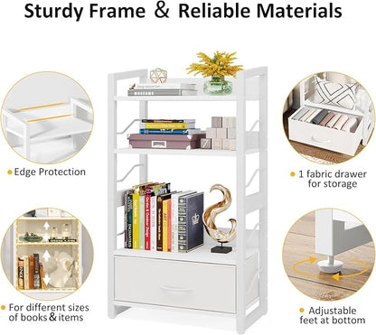 Hosfais Small Bookshelf with Drawer - 4-Tier Wood Book Shelf Industrial Narrow Bookcase Storage Organizer Metal Stackable Shelves for Desktop Bedroom Living Room Home Office (White)