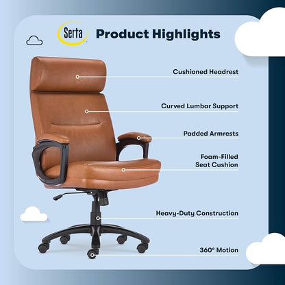 Serta Comfort Executive Big & Tall Office Chair, Ergonomic High-Back Computer DeskChair, Semi Plush Cushion Seat, Soft Padded Armrests, SertaQuality Foam, Metal Swivel Base, Bonded Leather, Cognac