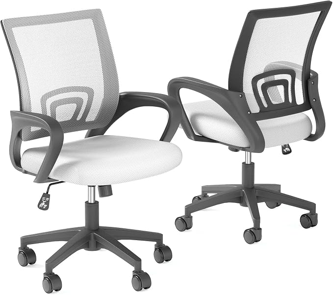 OS MOTOR Home Office Chair, Ergonomic Mid-Back Mesh Desk Chair with Lumbar Support, Adjustable Swivel Rolling Design, Comfy Armrest for Work, Study, Gaming, Vanity (White, Double Chair)